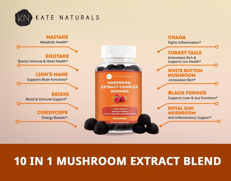 Mushroom Complex Extract Gummies - Kate Naturals (60 Count). 10:1 Complete Mushroom Blend with Non-GMO Formula. Raspberry Flavored with Chewy Texture. 1 Month Supply.