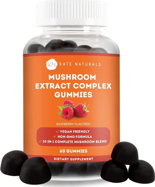 Mushroom Complex Extract Gummies - Kate Naturals (60 Count). 10:1 Complete Mushroom Blend with Non-GMO Formula. Raspberry Flavored with Chewy Texture. 1 Month Supply.