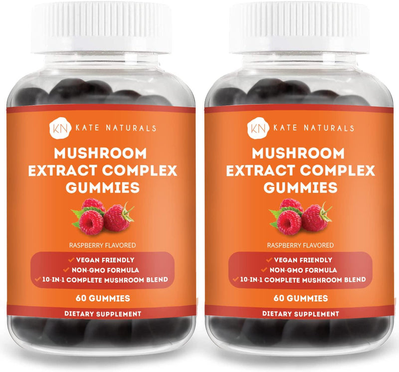 Mushroom Complex Extract Gummies - Kate Naturals (2-Pack). 10:1 Complete Mushroom Blend with Non-GMO Formula. Raspberry Flavored with Chewy Texture. 2 Month Supply.