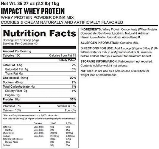 MyProtein Impact Whey Protein , Cookies and Cream, Pouch, 2.2lbs