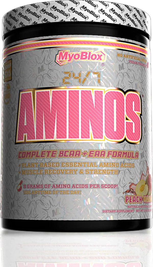 MyoBlox 24/7 AMINOS BCAA + EAA Premium Matrix | Enhances Recovery and Muscle Protein Synthesis | Increases Stamina and Performance | Supports Hydration and Nutrient Absorption (30 Servings) (Peach Mango)