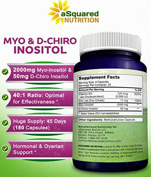 Myo-Inositol and D-Chiro Inositol Supplement - 180 Capsules - Plus Vitamin D3 and Zinc - Myo and D-Chiro Inositol 40 to 1 Ratio - VIT B8 Complex Pills