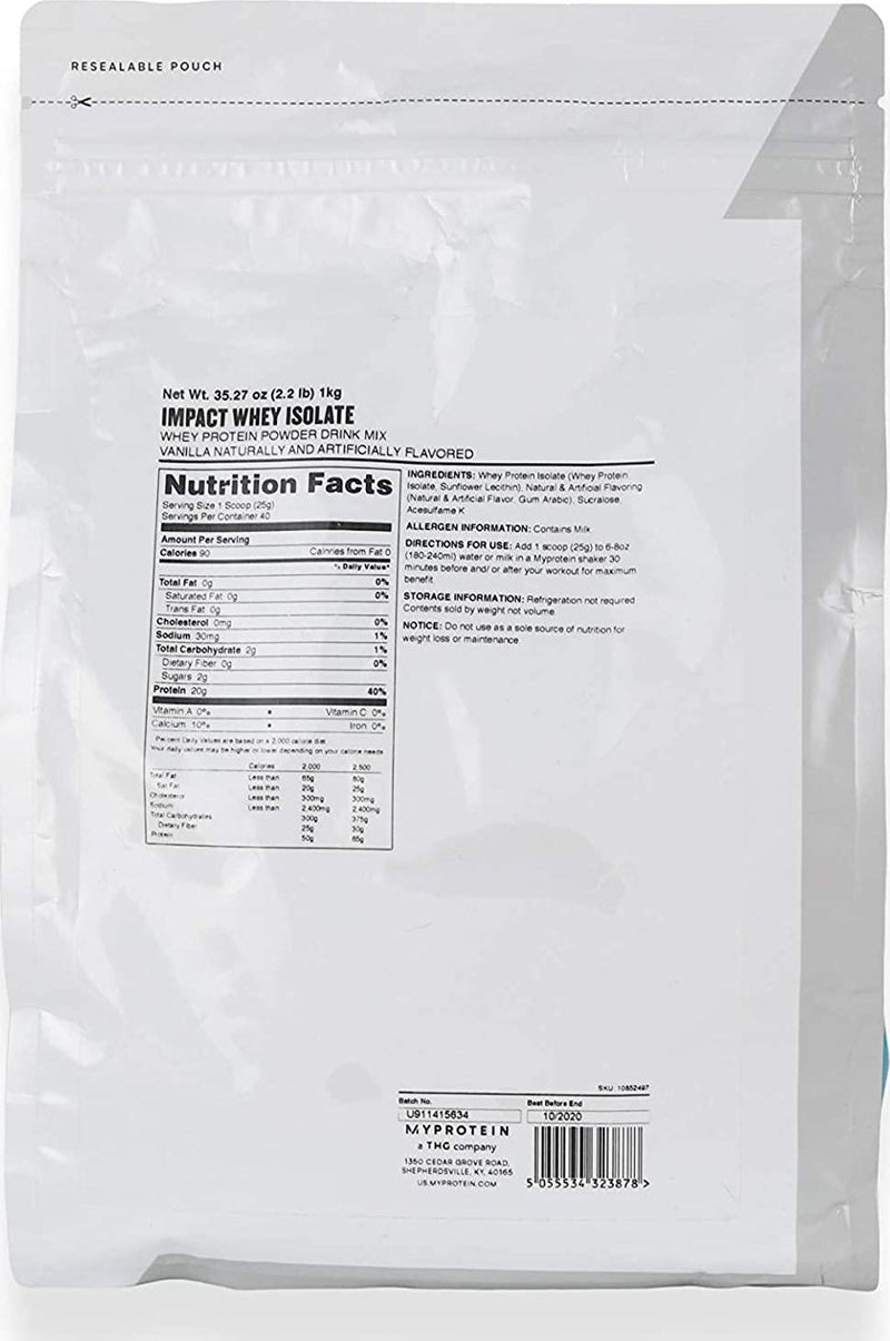 Myprotein Impact Whey Isolate Protein, Vanilla, 2.2 Pound (Pack of 1)