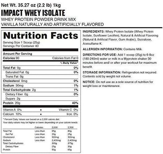 Myprotein Impact Whey Isolate Protein, Vanilla, 2.2 Pound (Pack of 1)