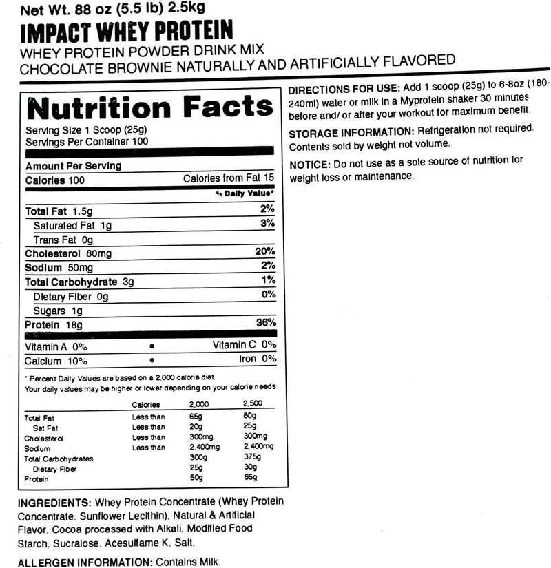 Myprotein Impact Whey Protein Blend, Chocolate Brownie, 5.5 lbs (100 Servings)