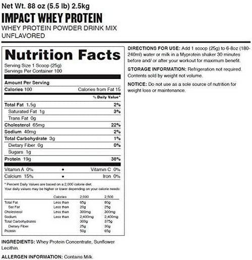 MyproteinÂ Impact Whey Protein Powder, Unflavored, 5.5 Lb (100 Servings)