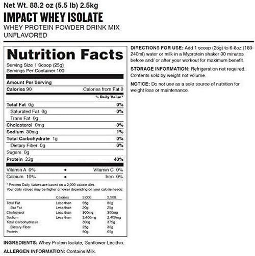 MyproteinÂ Impact Whey Isolate Protein Powder, Unflavored, 5.5 Lb (100 Servings)