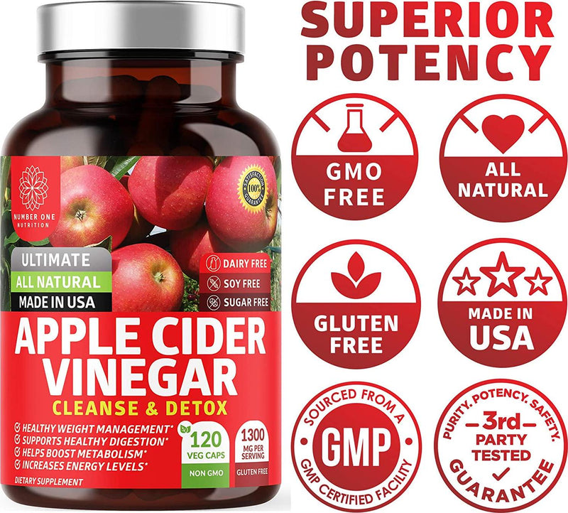 N1N Premium Apple Cider Vinegar Capsules [Max Strength, 1300mg] Raw and Unfiltered ACV Capsules for Digestion, Detox, Cleanse and Energy Support, Gluten Free, 120 Veg Caps