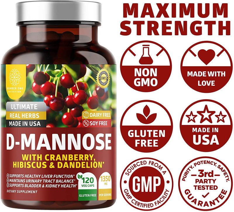 N1N Premium D Mannose with Cranberry and Dandelion [Max Strength, 1300mg] All Natural D-Mannose for UTI Support and Intestinal Health, 120 Veg Caps