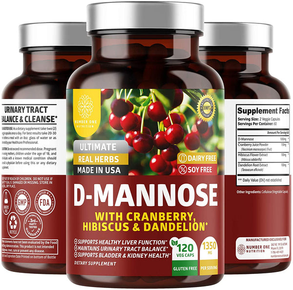 N1N Premium D Mannose with Cranberry and Dandelion [Max Strength, 1300mg] All Natural D-Mannose for UTI Support and Intestinal Health, 120 Veg Caps