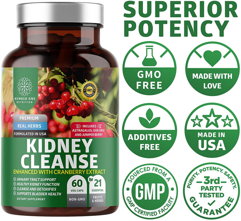 N1N Premium Kidney Cleanse [21 Potent Herbs] for Urinary Tract and Bladder Control, Natural Kidney Support with Cranberry Extract, Astragalus and Uva Ursi Leaf, 60 Veg Caps