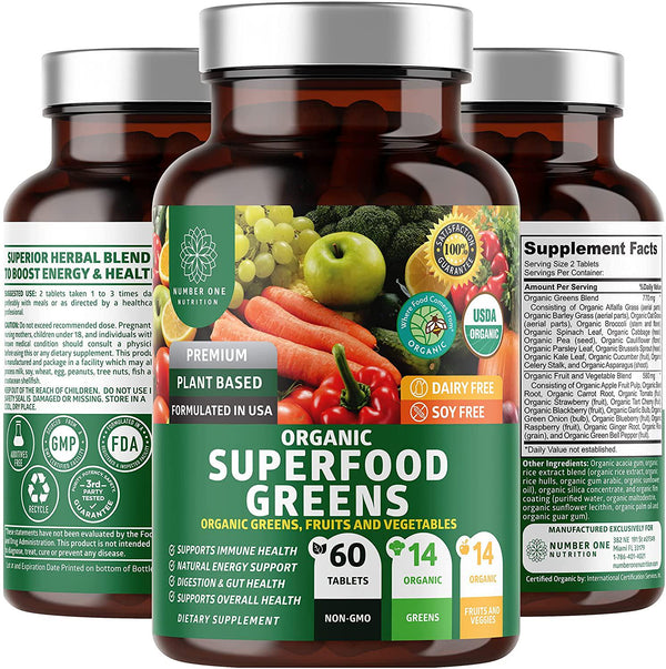 N1N Premium Organic Super Green, Fruits and Veggies [28 Powerful Ingredients] All Natural Superfood Supplement with Alfalfa, Beet Root and Tart Cherry to Boost Energy, Immunity and Gut Health, 60 Tablets