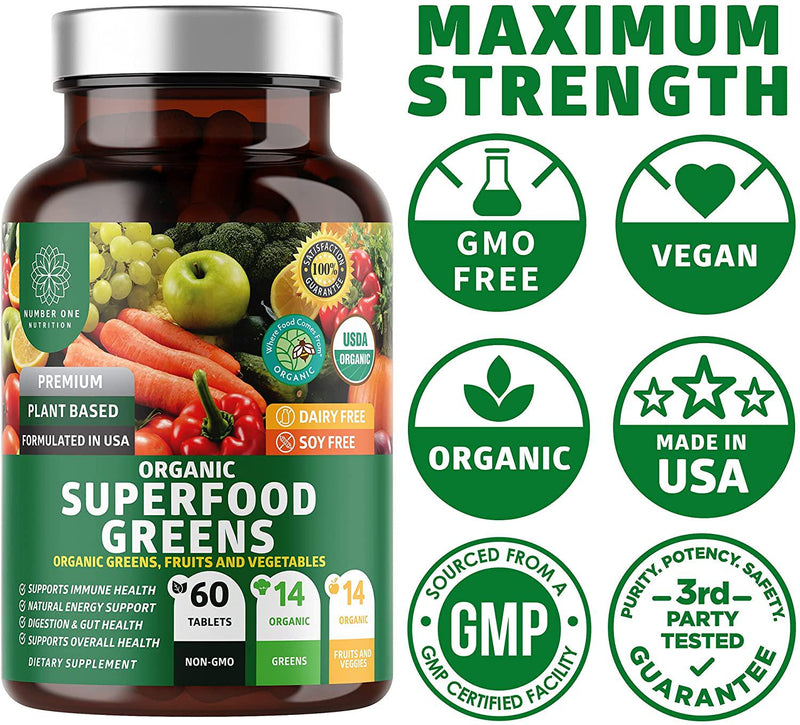 N1N Premium Organic Super Green, Fruits and Veggies [28 Powerful Ingredients] All Natural Superfood Supplement with Alfalfa, Beet Root and Tart Cherry to Boost Energy, Immunity and Gut Health, 60 Tablets