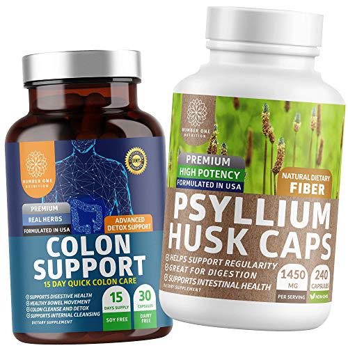 N1N Premium Psyllium Husk Capsules and Colon Cleanse and Detox, All Natural Supplements to Support Healthy Digestion and Weight Loss, 2 Pack Bundle