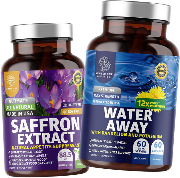 N1N Premium Water Away and Saffron Extract, All Natural Supplements to Support Energy Levels, Eye Health and Weight Management, 2 Pack Bundle