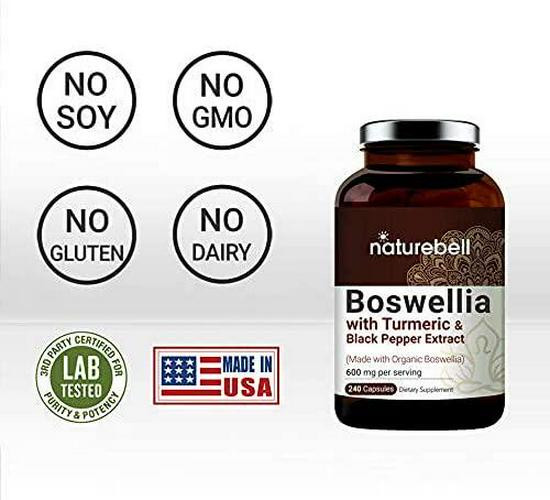 NATUREBELL Organic Boswellia Extract Capsules, 600mg Per Serving, 240 Capsules with Black Pepper, Strongly Supports Muscle and Joint Health, Non-GMO, Made with Organic Boswellia