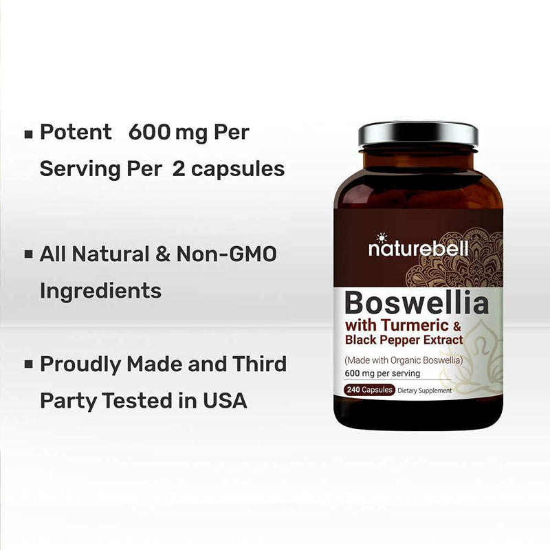 NATUREBELL Organic Boswellia Extract Capsules, 600mg Per Serving, 240 Capsules with Black Pepper, Strongly Supports Muscle and Joint Health, Non-GMO, Made with Organic Boswellia