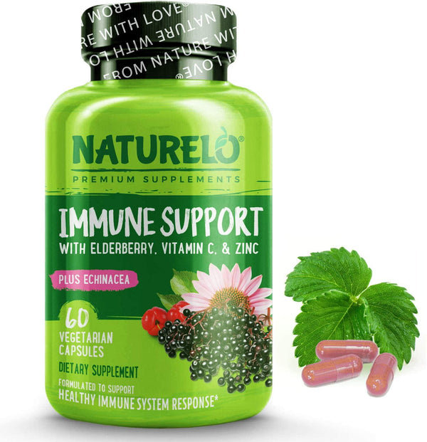 NATURELO Immune Support – Organic Vitamin C, Elderberry, Zinc, plus Echinacea – Best Natural Immunity Boost w/ Antioxidant, Herbal and Mineral Defense - 60 Vegan Capsules