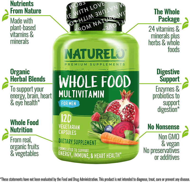 NATURELO Whole Food Multivitamin for Men - with Natural Vitamins, Minerals, Organic Extracts - Vegetarian - Best for Energy, Brain, Heart, Eye Health - 120 Vegan Capsules