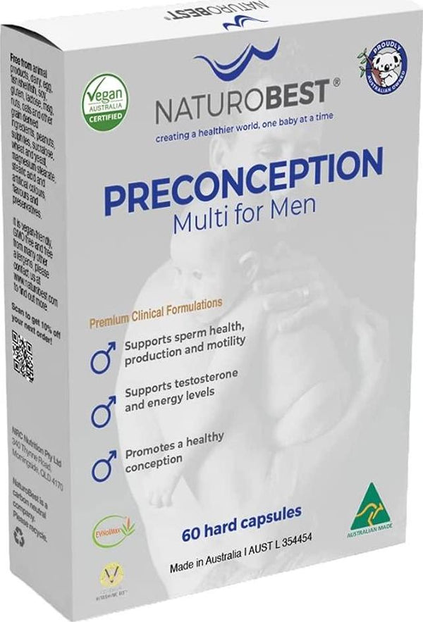 NATUROBEST Preconception Multi for Men, Vegan-Friendly Vitamin Supplement for Supporting Sperm Health, Testosterone Levels and Healthy Conception, 60 capsules