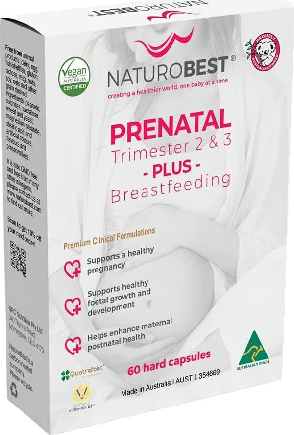 NATUROBEST Prenatal Trimester 2 and 3 Plus Breastfeeding | Vegan-Friendly Premium Pregnancy and Breastfeeding Vitamin (60 Capsules)
