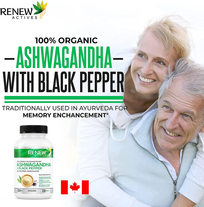 NEW Renew Actives Organic ASHWAGANDHA Capsules: 1300 Mg of Ashwagandha with 10 Mg of BLACK PEPPER - Powerful Herbal Supplement to Help Reduce Anxiety and Support Energy Levels - 120 Capsules