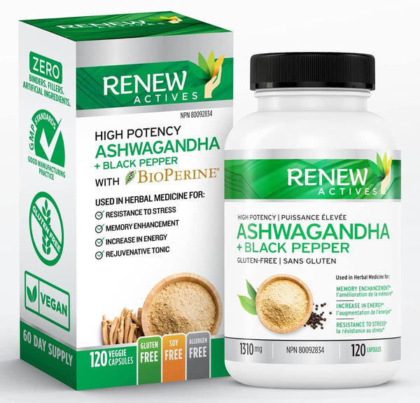 NEW Renew Actives Organic ASHWAGANDHA Capsules: 1300 Mg of Ashwagandha with 10 Mg of BLACK PEPPER - Powerful Herbal Supplement to Help Reduce Anxiety and Support Energy Levels - 120 Capsules