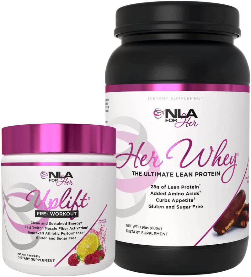 NLA for Her Pre/Post Workout Stack (Includes Her Whey Chocolate Éclair and Uplift Pre Workout Raspberry Lemonade)