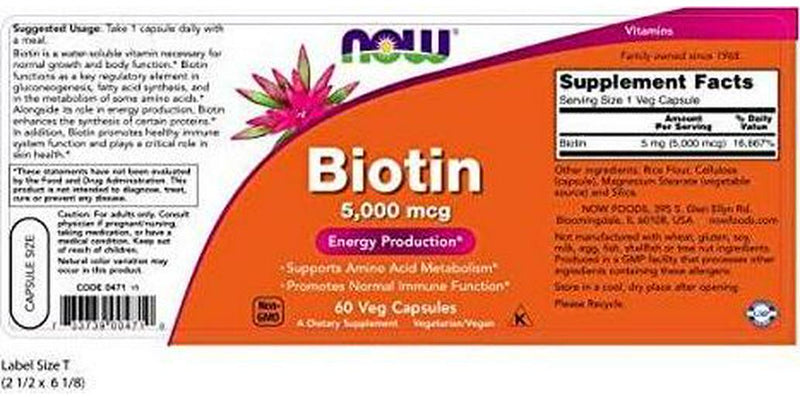 NOW Biotin, 5000 mcg, 60 Veg Capsules