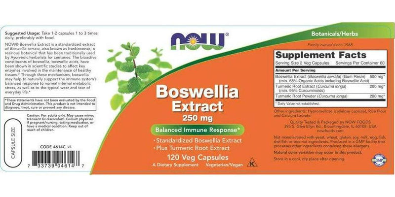 NOW Boswellia Extract 250 mg,120 Veg Capsules