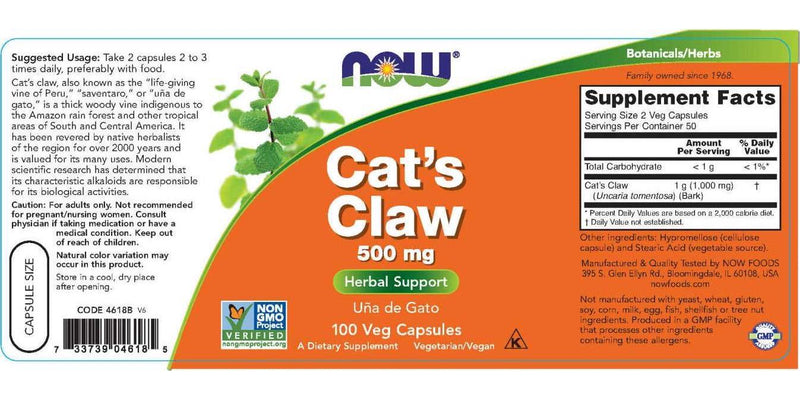 NOW Cat's Claw 500 mg,100 Capsules