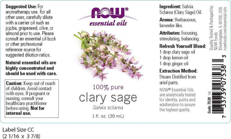 NOW Essential Oils, Clary Sage Oil, Focusing Aromatherapy Scent, Steam Distilled, 100% Pure, Vegan, Child Resistant Cap, 1-Ounce
