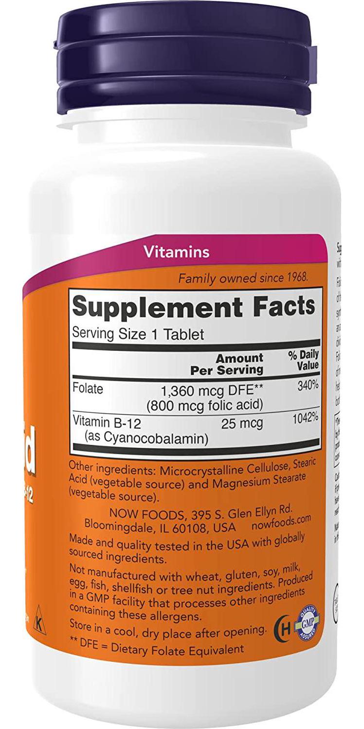 NOW Folic Acid 800 mcg with Vitamin B-12,250 Tablets