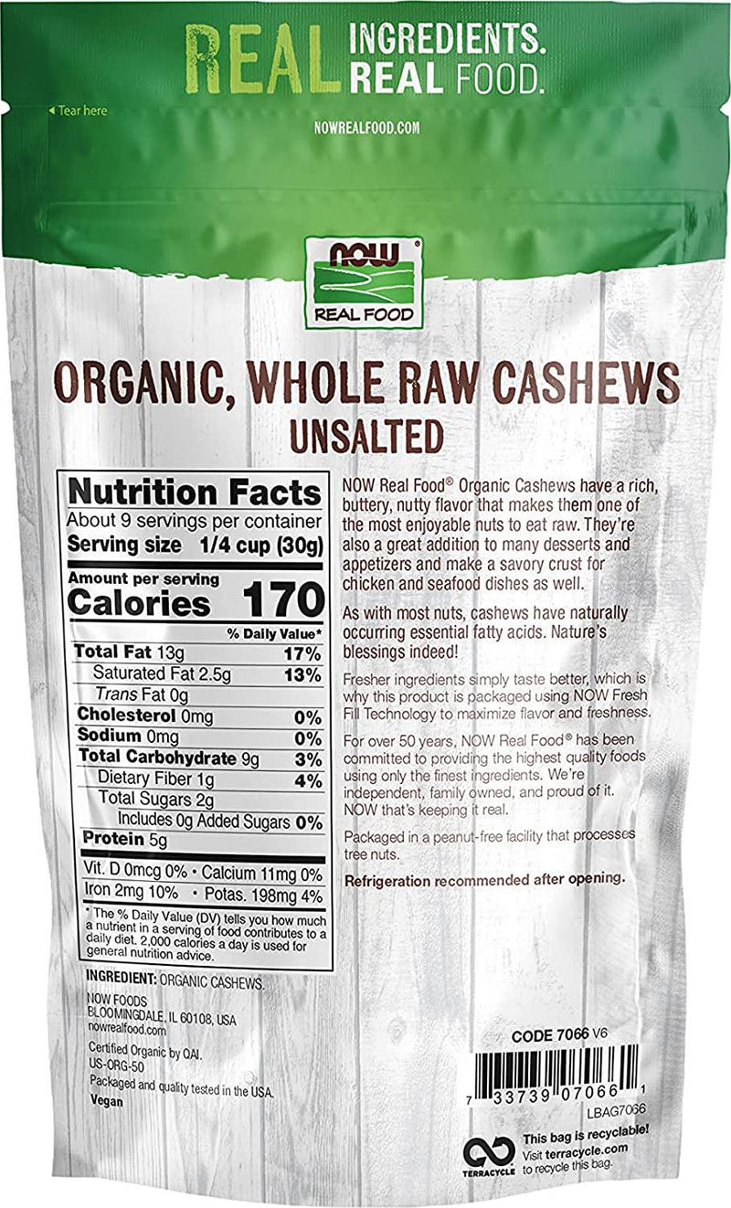 NOW Foods, Certified Organic Cashews, Whole, Raw and Unsalted, Rich Buttery Flavor, Source of Fiber, Protein and Iron, Certified Non-GMO, 10-Ounce (Packaging May Vary)
