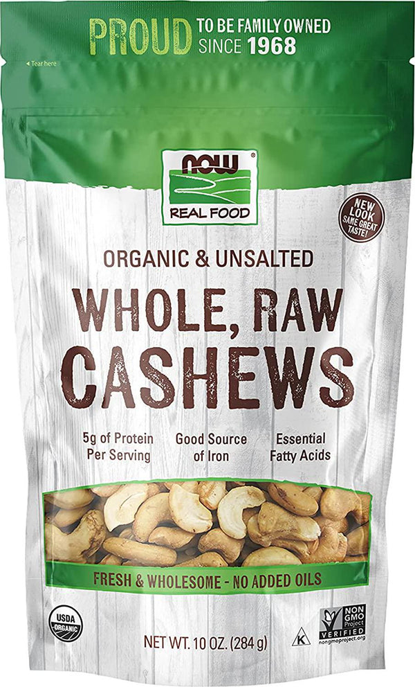 NOW Foods, Certified Organic Cashews, Whole, Raw and Unsalted, Rich Buttery Flavor, Source of Fiber, Protein and Iron, Certified Non-GMO, 10-Ounce (Packaging May Vary)