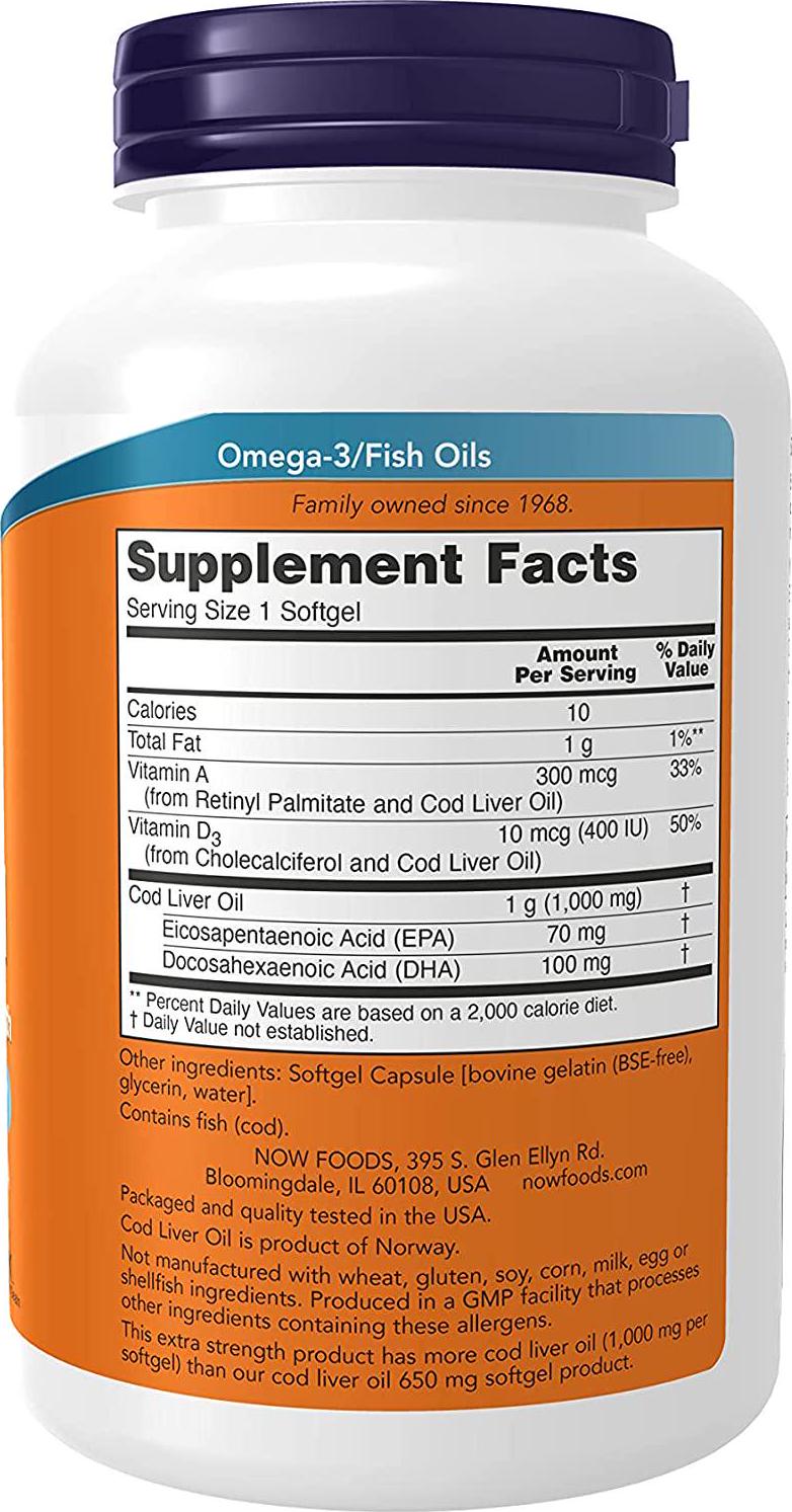 NOW Foods - Cod Liver Oil Extra Strength 1000 mg. - 180 Softgels
