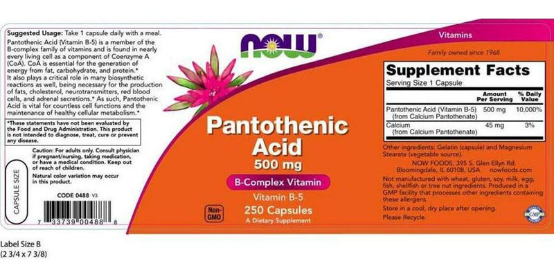 NOW Foods Pantothenic Acid 500Mg 250 Caps (Pack Of 3)