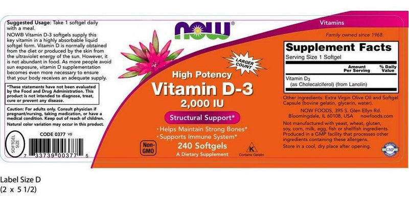 NOW Foods Vitamin D-3, Structural Support 2000 I.U, 480 Softgels