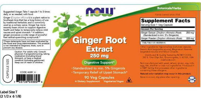 NOW Ginger Root Extract 250 mg,90 Veg Capsules