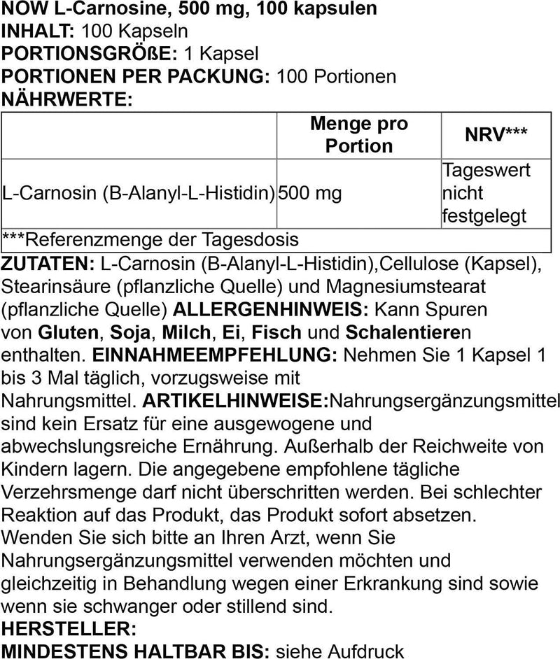 NOW L-Carnosine 500 mg,100 Veg Capsules