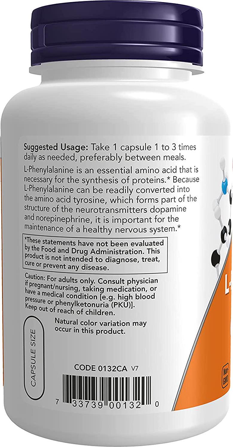 NOW Nahrungsergänzungsmittel, L-Phenylalanin 500 mg, Unterstützung des Nervensystems*, Aminosäure, 120 pflanzliche Kapseln