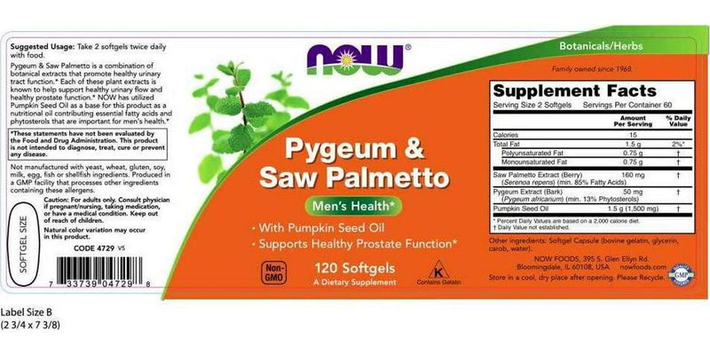 NOW Pygeum and Saw Palmetto,120 Softgels