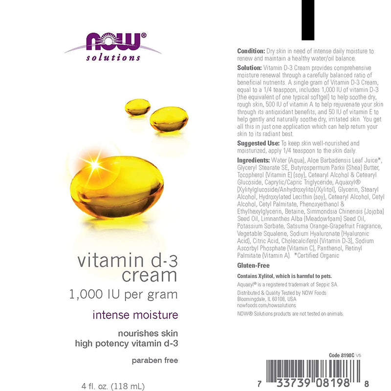 NOW Solutions, Vitamin D-3 Cream 1,000 IU Per Gram, High-Potency, Intense Moisture, 4-Ounce