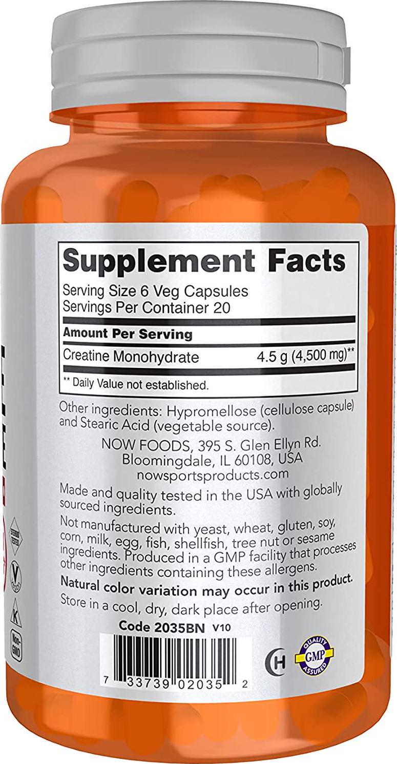 NOW Sports Nutrition, Creatine Monohydrate 750 mg, Mass Building*/Energy Production*, 120 Veg Capsules