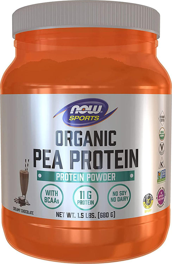 NOW Sports Nutrition, Certified Organic Pea Protein, 11g With BCAAs, Creamy Chocolate Powder, 1.5-Pound