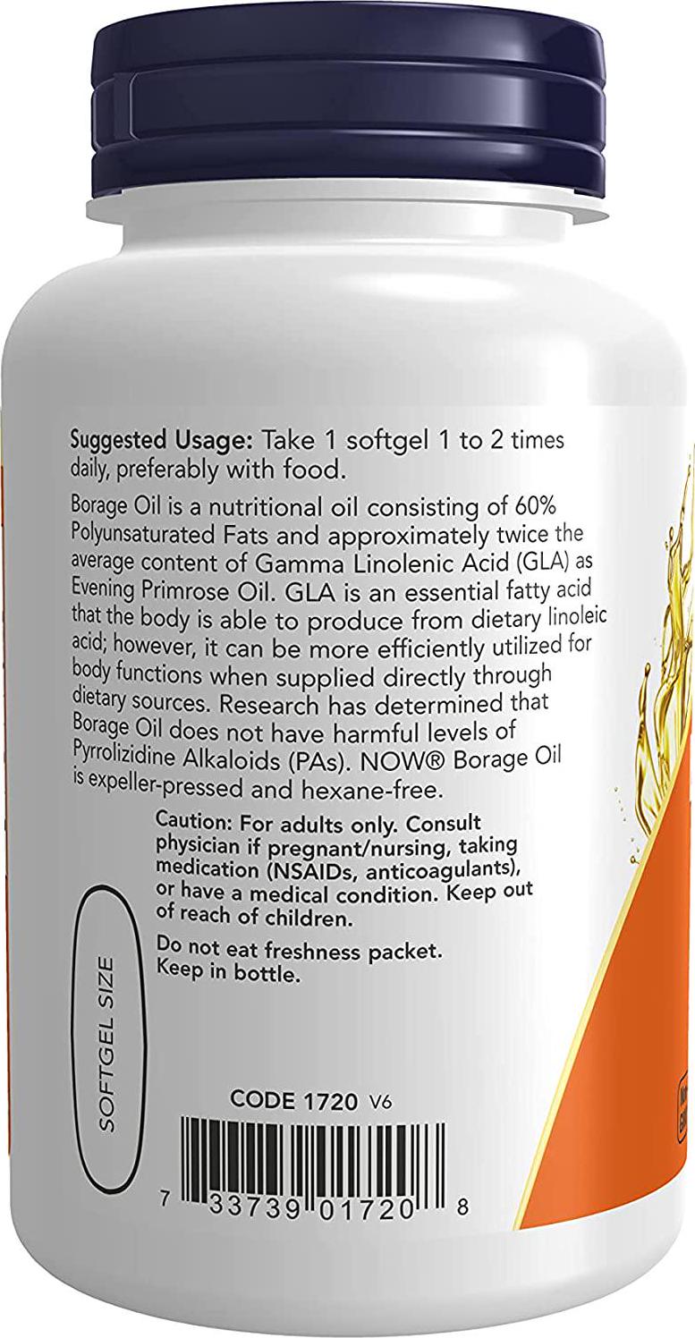 NOW Suplementos, Aceite de Borraja 1000 mg con 240mg de GLA (Ácido Gamma Linolénico), 60 cápsulas blandas