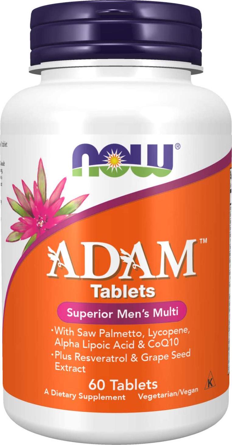 NOW Supplements, ADAM Men's Multivitamin with Saw Palmetto, Lycopene, Alpha Lipoic Acid and CoQ10, Plus Natural Resveratrol and Grape Seed Extract, 60 Tablets