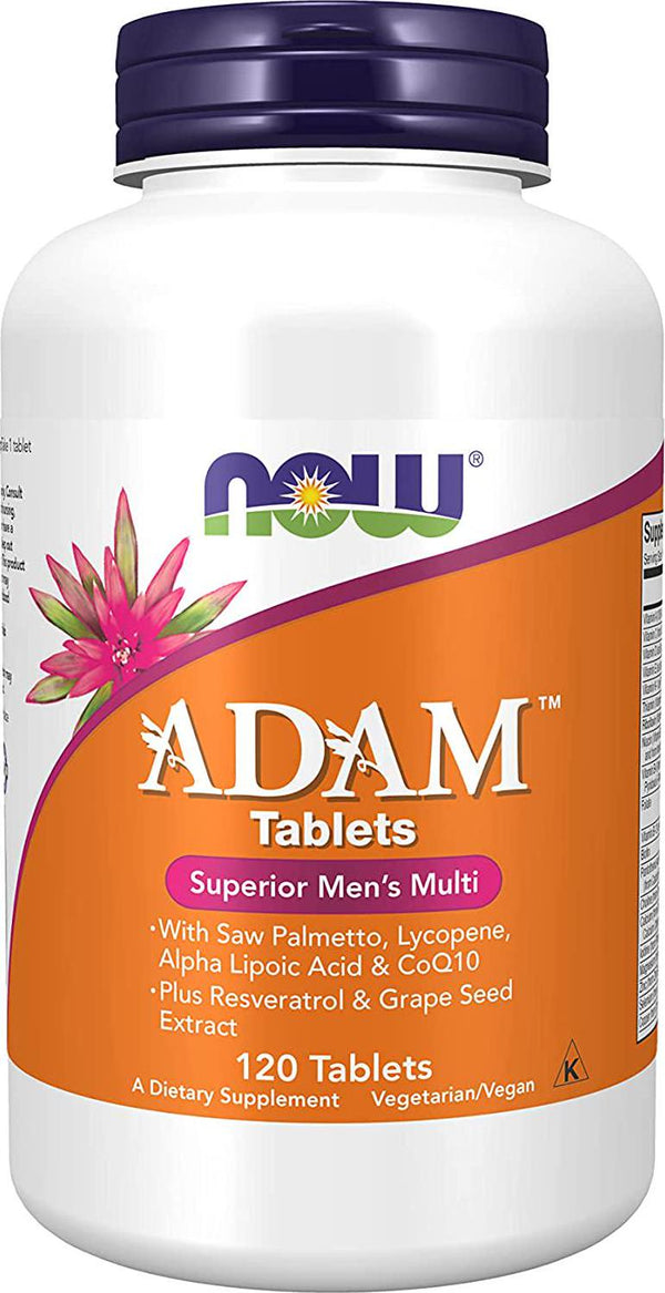 NOW Supplements, ADAM Men&#039;s Multivitamin with Saw Palmetto, Lycopene, Alpha Lipoic Acid and CoQ10, Plus Natural Resveratrol and Grape Seed Extract, 120 Tablets