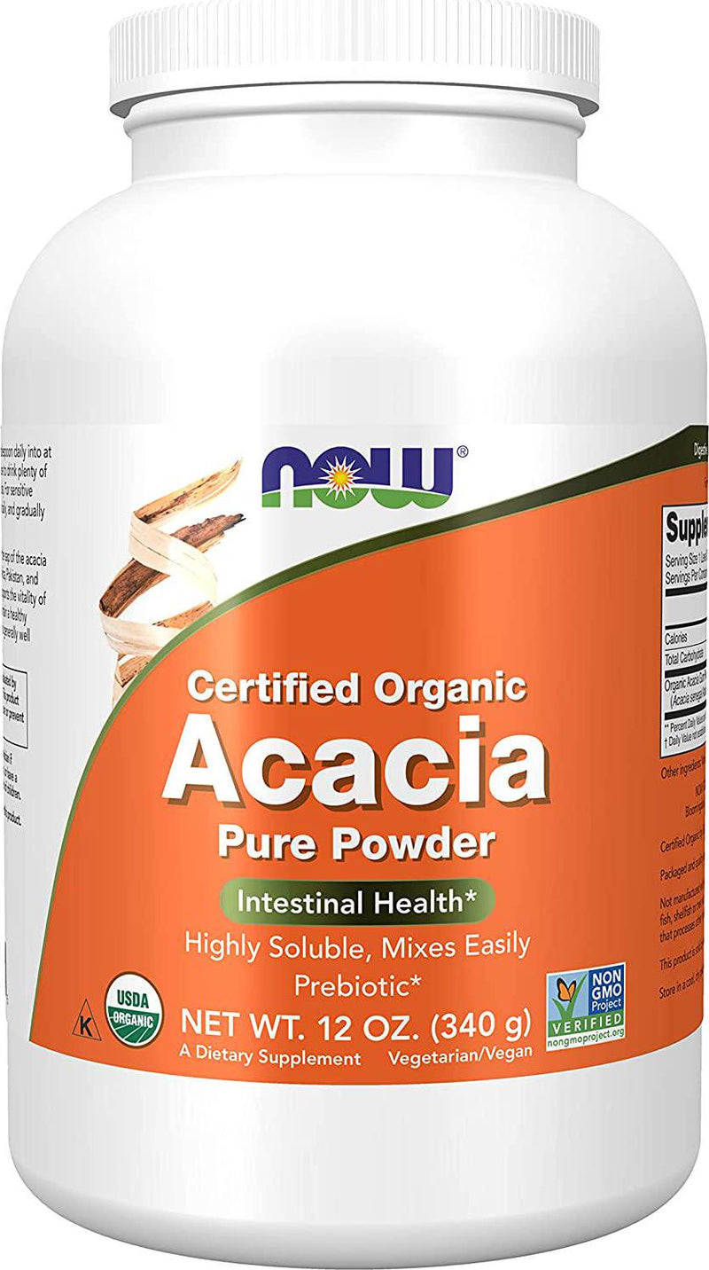 NOW Supplements, Acacia Pure Powder, Certified Organic, Highly Soluble, Mixes Easily, Intestinal Health*, 12-Ounce