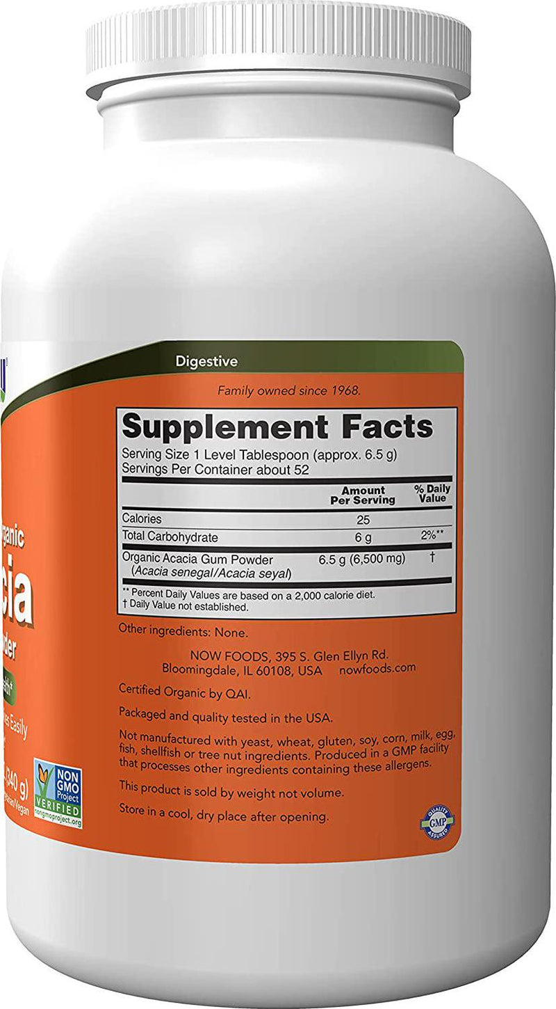 NOW Supplements, Acacia Pure Powder, Certified Organic, Highly Soluble, Mixes Easily, Intestinal Health*, 12-Ounce